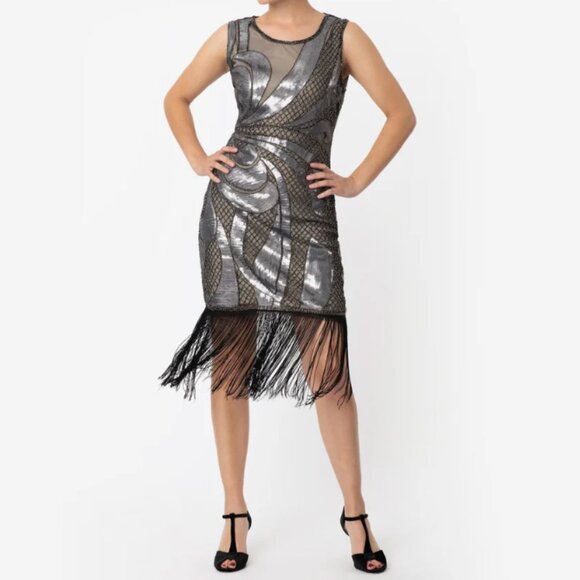 Unique Vintage 1920s Annecy Flapper Dress – Beige, Silver & Black Size L (10–12) - Picture 4 of 9